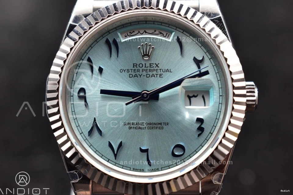 Arabic Blue 904L Dial Bracelet V2 on Markers SS A3255 President DayDate 40 Iced GMF Steel 1126